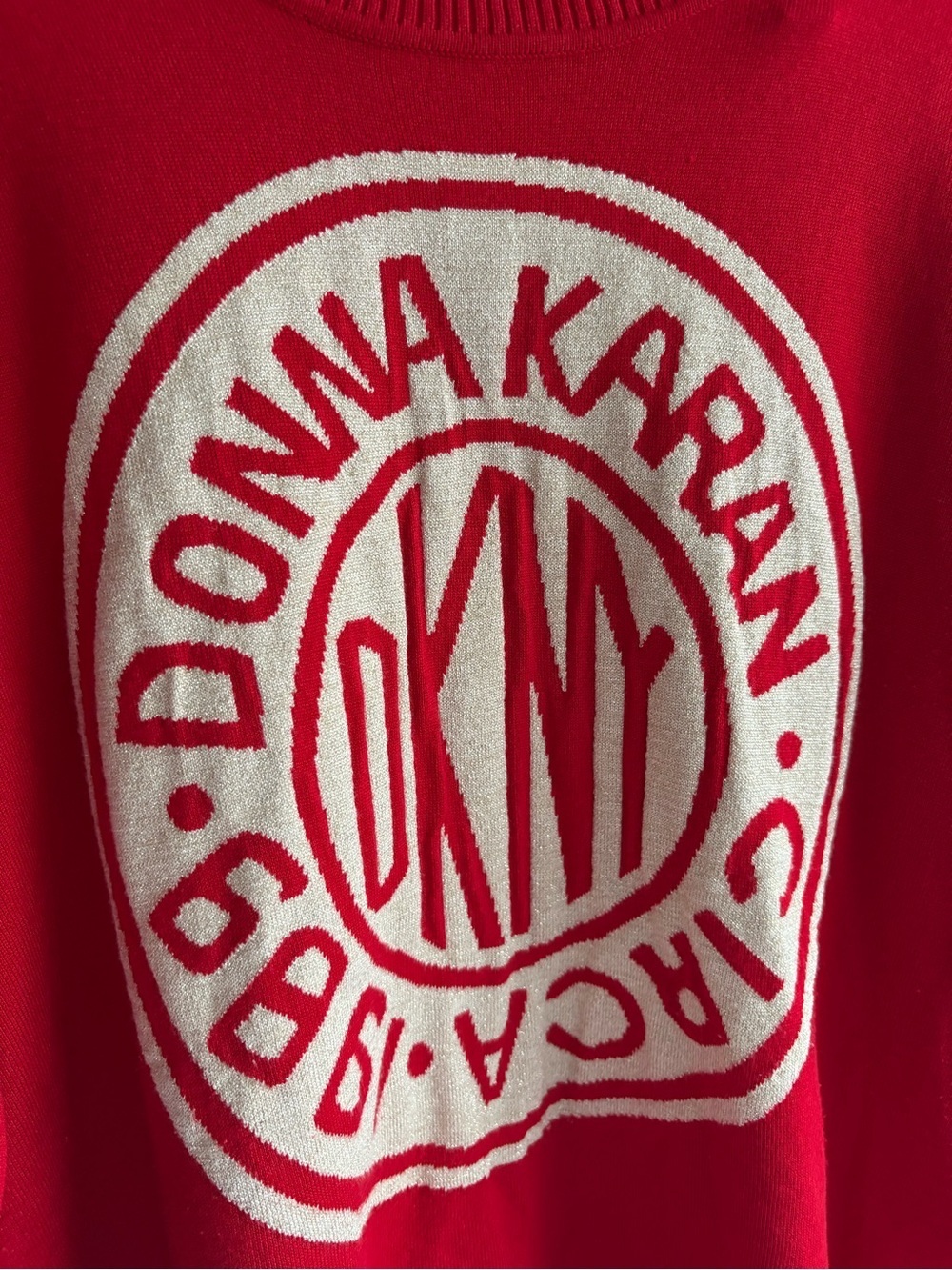 DKNY Red Logo Sweater Large Graphic Knit Crewneck - Picture 8 of 8